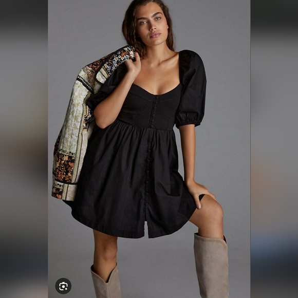 Anthropologie Black Puff Sleeve Mini Dress - Picture 1 of 6